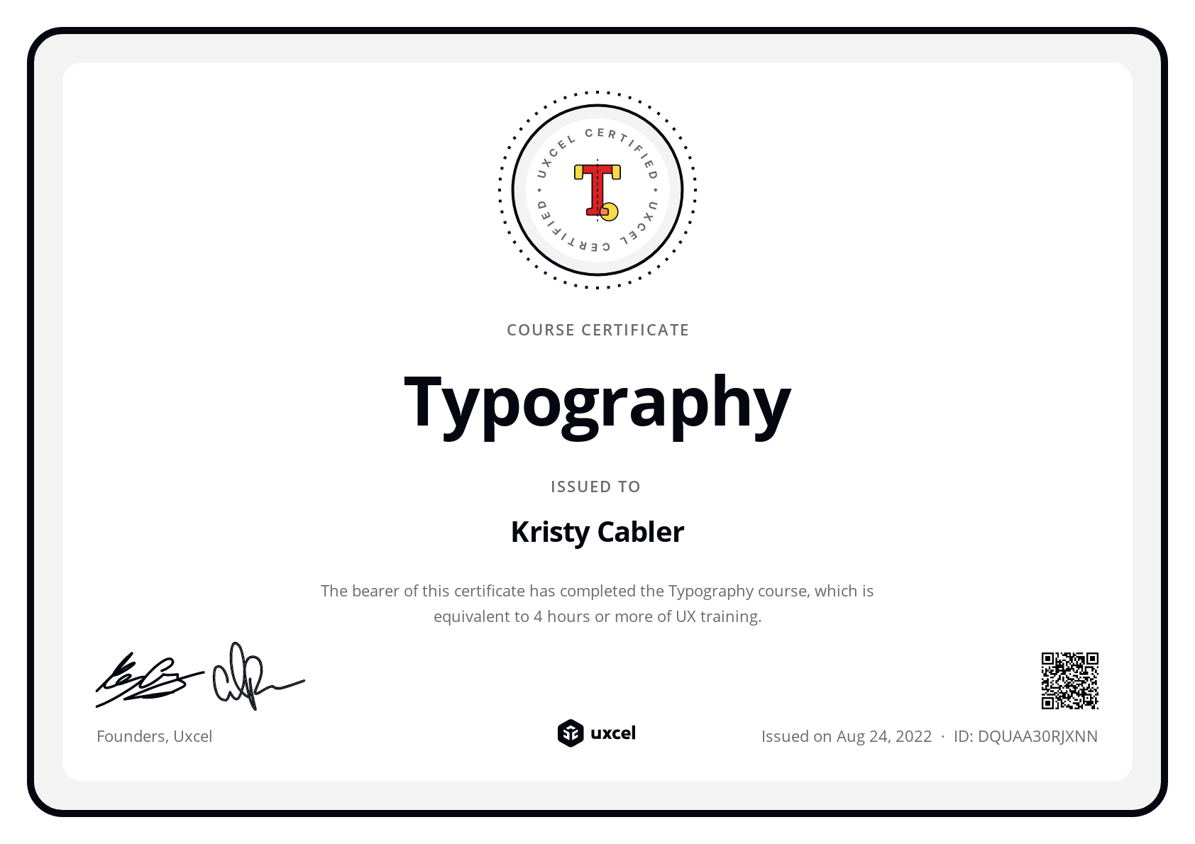 Kristy Cabler's certificate